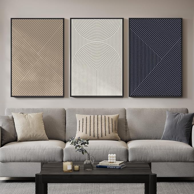 Large Framed Neutral Abstract Wall Art for Living Room, 3 Piece Modern Canvas Prints Paintings, Beige and Deep Blue Minimalist Geometric Pictures for Hallway Dining Bedroom Office Wall Decor 24x36 In