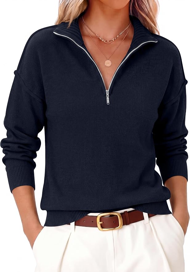 ANRABESS Womens Quarter Zip Sweaters Fall Long Sleeve V Neck Shirts Collared Business Casual Tops Knit Pullover Sweatshirts