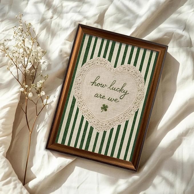 Framed How Lucky Are We Wall Art Vintage Inspirational Quotes Decor Print | Green Striped Lace Heart Aesthetic Painting Poster Trendy Preppy Canvas Picture for Bedroom Collage Ready to Hang 12inx16in