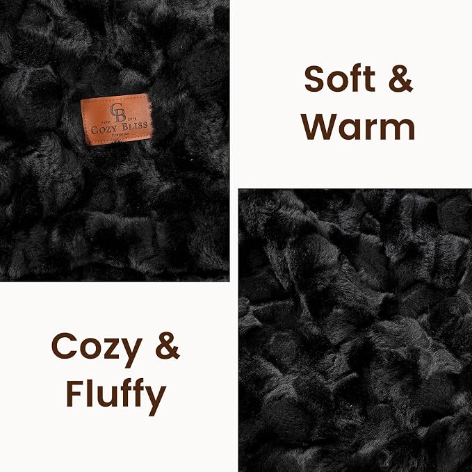 Cozy Bliss Faux Fur Throw Blanket for Couch, Fuzzy Soft Plush Thick Warm Fluffy Reversible Wave Textured Blanket for Sofa Bedroom Living Room, 55 * 70 Inches Black