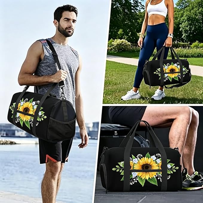 Fiokroo Sports Gym Bag Sunflowers Flowers Travel Duffel Bag For Men Women With Shoe Compartment Water Resistant Gym Bag Carry On Duffel Bag For Weekend Traveling Yoga Gym Sports