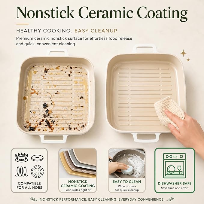 FIKA 11-Inch Ceramic Caoted BBQ Grill Pan with Handle, Nonstick Griddle Pan for Steak, Chicken, Fish & Vegetables, Induction Compatible, Oven & Dishwasher Safe, Made in Korea