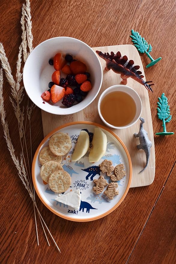 Zak Designs Kids Dinnerware Set 3 Pieces, Durable and Sustainable Melamine Bamboo Plate, Bowl, and Tumbler are Perfect For Dinner Time With Family (Zaksaurus)