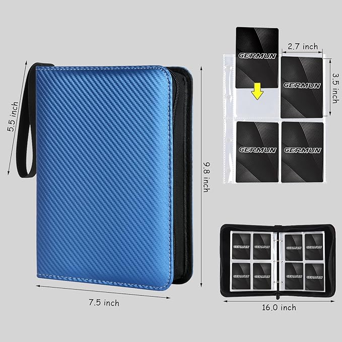 GERMUN 4 Pocket Card Binder, Premium Zip Trading Card Binder, 400 Double Sided Pocket PU Card Collection Binder, Collector Card Album, Card Folder for MTG, TCG, Sports Cards, Game Cards (Blue)