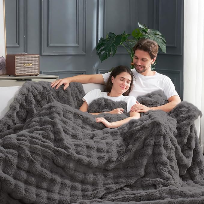 Cozy Bliss Faux Fur Bubble Throw for Couch, Fuzzy Soft Plush Thick Blanket for Sofa Bedroom Living Room, 60x80 Inches Charcoal Grey