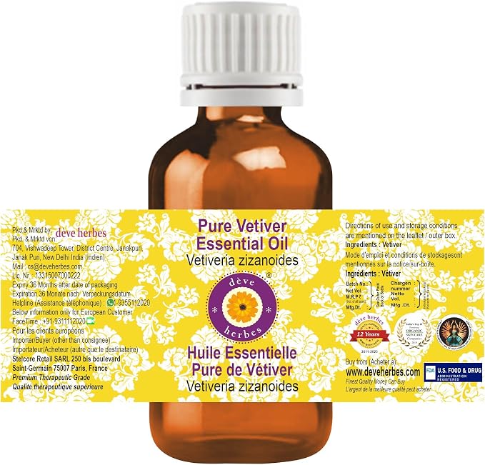 Deve Herbes Pure Vetiver Essential Oil (Vetiveria zizanoides) Steam Distilled 50ml (1.69 oz)