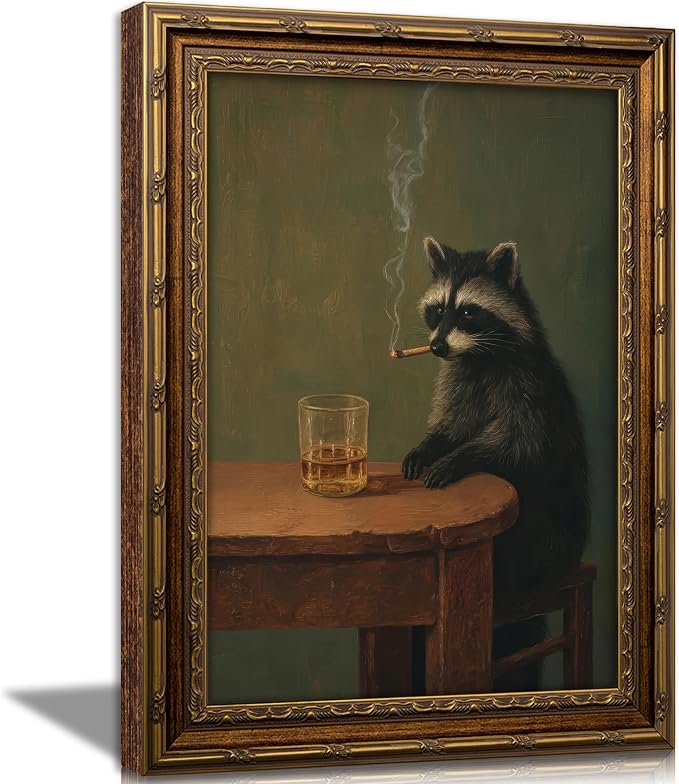 Vintage Gold Framed Smoking Raccoon Wall Art,Moody Dark Funny Animal Whiskey Cigar Canvas Print,Humor Funny Raccoon Wall Decor,Retro Bar Cart Poster Artwork,for Study Living Office Bar Decor