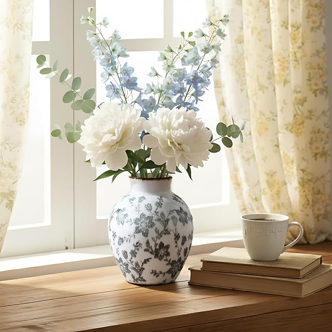 SIDUCAL Ceramic Vintage Vase, 5.83 Inch Retro Ice Cracked Chinoiserie Floral Vase, Rustic Farmhouse Vases for Home Decor, Bookshelf, Garden, Chinoiserie Decor, Tuscan Decor, Gray Floral Pattern