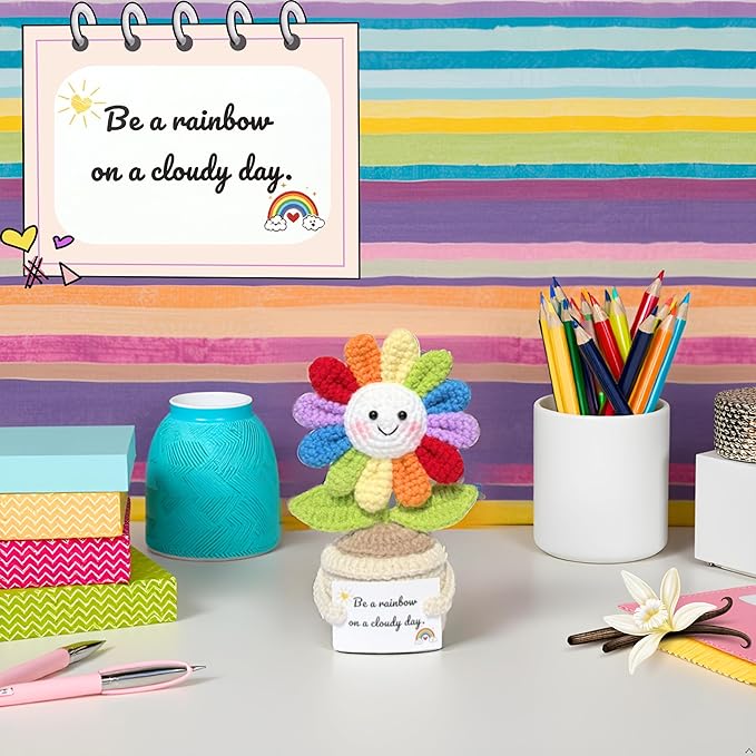 Emotional Support Crochet Flower in Rainbow Colors with Encouragement Card – Handmade Plush Decoration Gift for Desk, Office, Home – Thoughtful Gift for Women, Friends, Coworkers