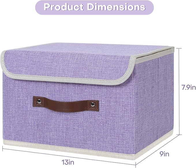 ANMINY Fabric Storage Box Bins with Lids, Purple, 13"x9"x7.9", 4 Pack | Keepsake Memory Storage, Cotton Linen, PP Board Reinforced, Washable, PU Handles, Foldable & Stackable, Decorative, Medium