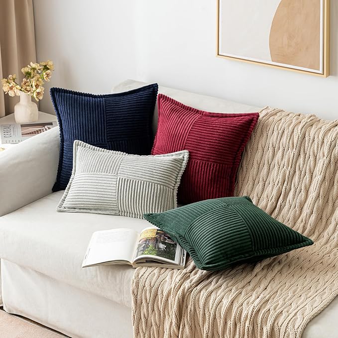 MIULEE Decorative Throw Pillow Covers for Couch 20x20 Inch Dark Green | 2 Pack, Boho Broadside Striped Patchwork Pillow Covers, Soft Corduroy Cushion Cases, For Sofa Bed Livingroom Home Decor