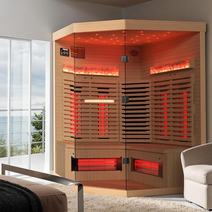 3-4 Person Infrared Home Sauna-Corner Sauna Spa Room w/Himalayan Salt Therapy & Starry Sky Spa,Canadian Hemlock, Tempered Glass (220V, ETL Certified)