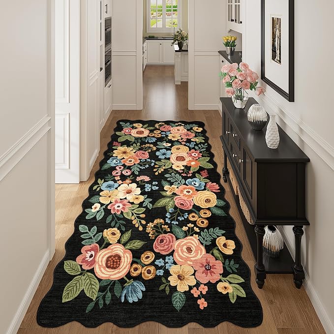 DUKINO 3x6 Runner Rug for Hallway, Washable Kitchen Rug Non Slip, Black | Low Pile, Stain Resistant, Soft Floral Throw Rugs for Entryway, Bedroom, Bathroom, Laundry, Pet Friendly, Modern Home Decor