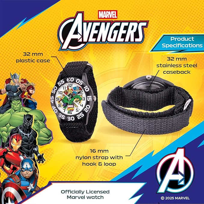 Marvel Superhero 2-Pack Watch Set for Kids Ages 4–7 – Featuring Captain America Shield and Hulk Dial Designs – Blue and Black Bezels with Matching Nylon Straps – GET 2 Mystery Bonus Watches