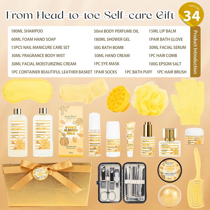 34Pcs Spa Gift Set for Women Men, Honey Almond Milk Bath & Body Gift Basket | Face Skin Care Kit, Home Spa Self Care Kit, Self-Care Gift, Pamper Kit Birthday, Christmas, Mother Day, Anniversary, Husband