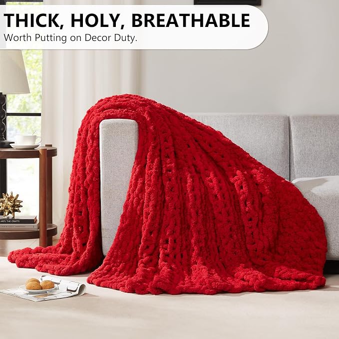L'AGRATY Chunky Knit Throw Blanket for Couch, 72'' x 84'' Knit Throw, Red | Handmade Chenille Crochet Blanket for Sofa Bed, Thick Cable Knitted Blankets for Room Home Decor, Birthday Gift for Women Mom
