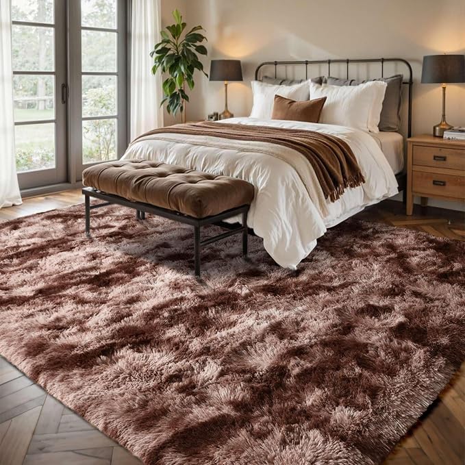 8x10 Area Rugs for Living Room Brown Fluffy Fur Bedroom Rug,Rustic Plush Non-Slip Dark Carpet for Book Room Office,Coffee Stain Resistant