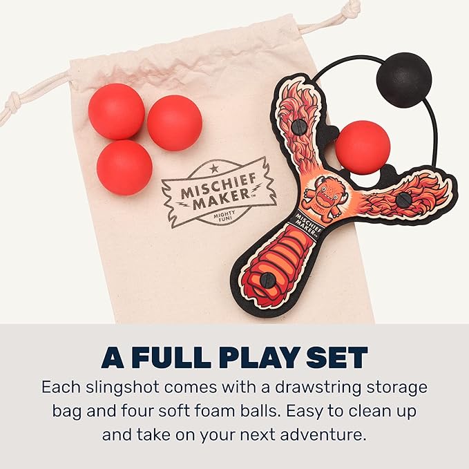 Mischief Maker® Wooden Slingshot - Lil’ Monster Series - Real Wood Slingshot for Kids, 4 Soft Foam Balls and Storage Bag - Ages 4+ (red)
