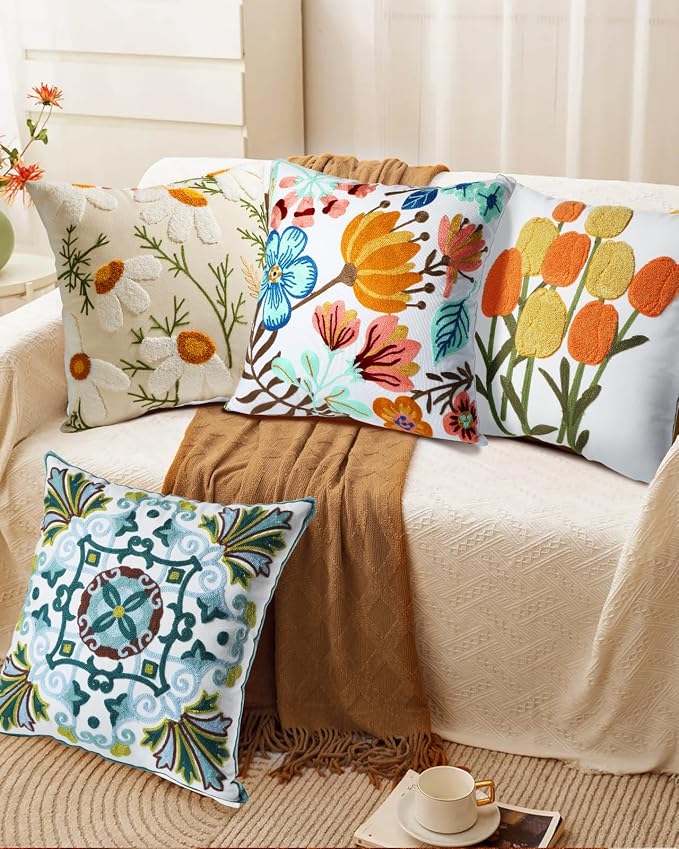 Embroidered Throw Pillow Cover - 18x18 Decorative Pillow Cover with Zipper Aesthetic Cute Design Boho Spring Summer Cozy Throw Pillowcase for Living Room Couch Sofa Bed, Yellow Tulips