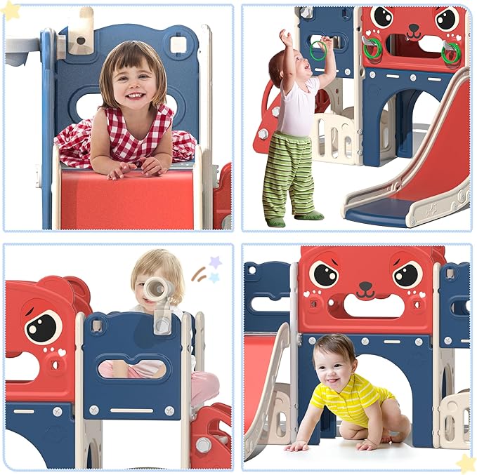 NYEEKOY 9-in-1 Toddler Slide and Climber Playset Freestanding Indoor Outdoor Kids Slide for Age 1-8, Backyard Playground with Basketball Hoop,Telescope,Storage Space