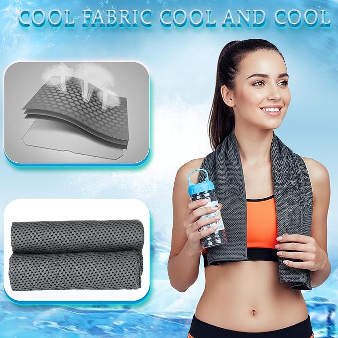 Honoson 10 Pcs Cooling Towels for Neck and Face, 47"x12" Sports Breathable Ice Towels Microfiber Chilly Sweat Rags with Portable Bottle for Gym Golf Athletes Yoga Workout Hot Weather (Dark Gray)