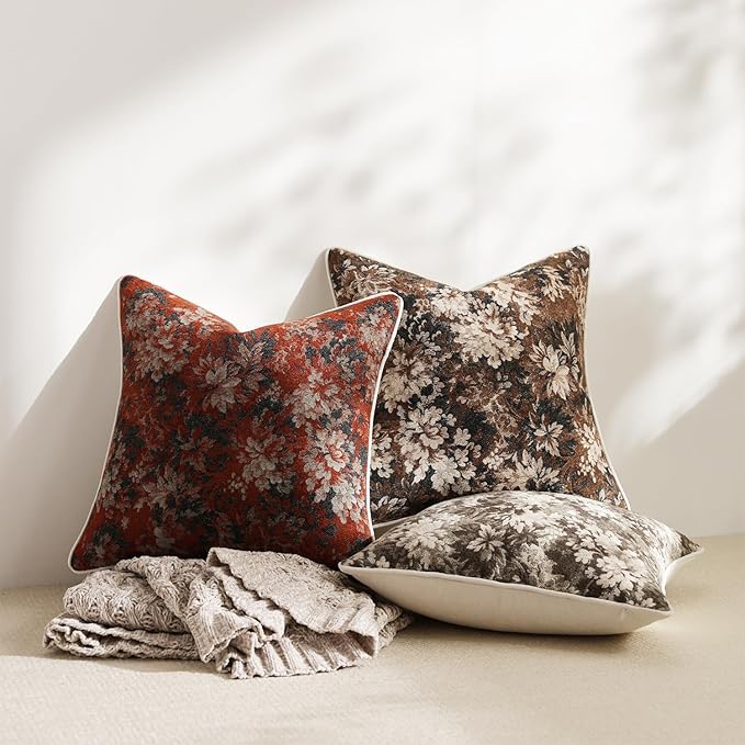 Pack of 2 Vintage Floral Throw Pillow Covers 16x16 Boho Farmhouse Accents Chenille Square Decorative Pillow Cases for Living Room Couch Bed Home Decor, Dark Brown
