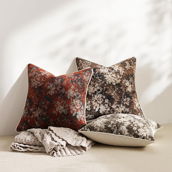 Pack of 2 Vintage Floral Throw Pillow Covers 20x20 Boho Farmhouse Accents Chenille Square Decorative Pillow Cases for Living Room Couch Bed Home Decor, Grey