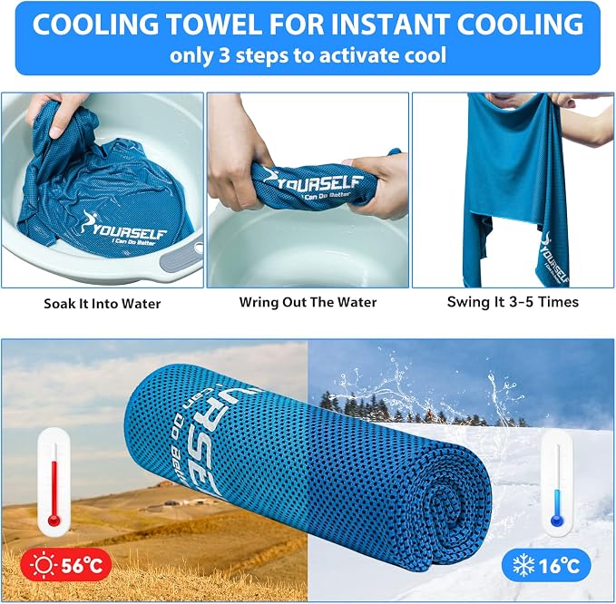 SYOURSELF Cooling Towels for Neck and Face, 4 Pack 40" x 12" Cooling Towel for Hot Weather, Soft Breathable Instant Cool Chilly Pad for Sports Golf Yoga Gym Athletes Camping Ice Towels(Blue)