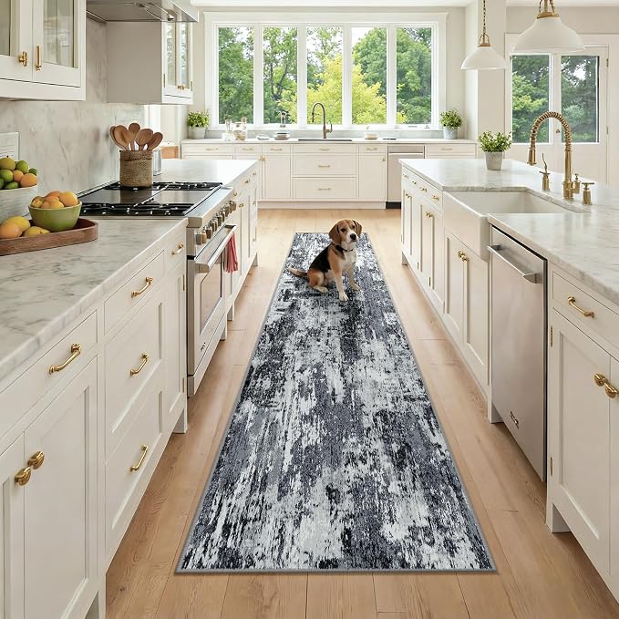 RELEANY Washable Runner 2'x9' Abstract Area Rug for Hallway Black White | carpet for kitchen, entryway, bathroom, living room, bedroom, printed pattern, non-slip, soft, stain-resistant, easy to clean