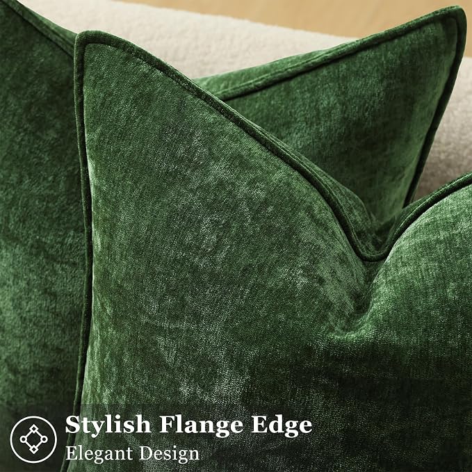 decorUhome Chenille Moss Green Velvet Throw Pillow Covers 22x22 Set of 2 | Fall Soft Euro Sham Couch Decorative Modern Farmhouse Pillow Cases with Elegant Design for Sofa Bed Living Room Home Decor