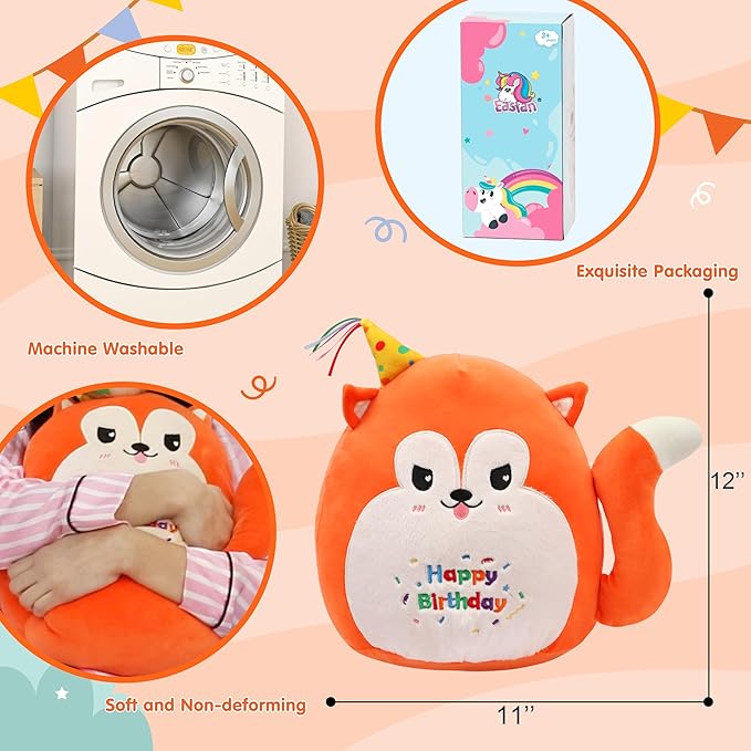 Easfan 12’’ Birthday Fox Plush Pillow Soft Fox Plush Toy Cute Fox Stuffed Animal Home Room Decoration Birthday Gift for Kids Adults,Orange, EF0087_Fox