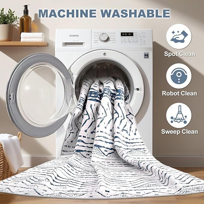 Nakagishi Boho 5x7 Area Rug Living Room Rugs Machine Washable Navy Blue | Soft, Pet & Kid Friendly, Carpet for Living Room/Bedroom/Office/Kitchen/Nursery, Daily Home Decor Stain Resistant Moroccan