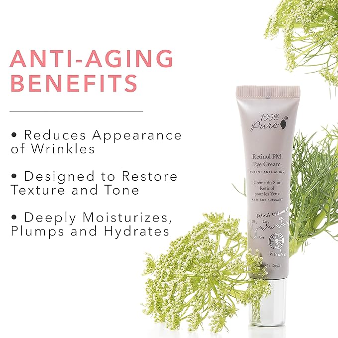100% PURE Retinol Eye PM Cream, Anti-Aging Eye Cream for Wrinkles, Pure Retinol Cream, Wrinkle Cream Promotes Collagen (0.5 oz)