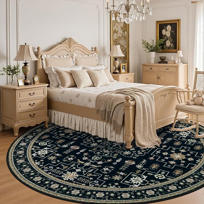 Round Area Rug for Living Room: 4 ft Washable Vintage Boho Soft Thin Circle Rug Indoor Floor No Slip Stain Resistant Carpet for Bedroom Dining Room Farmhouse Nursery Home Office - Black