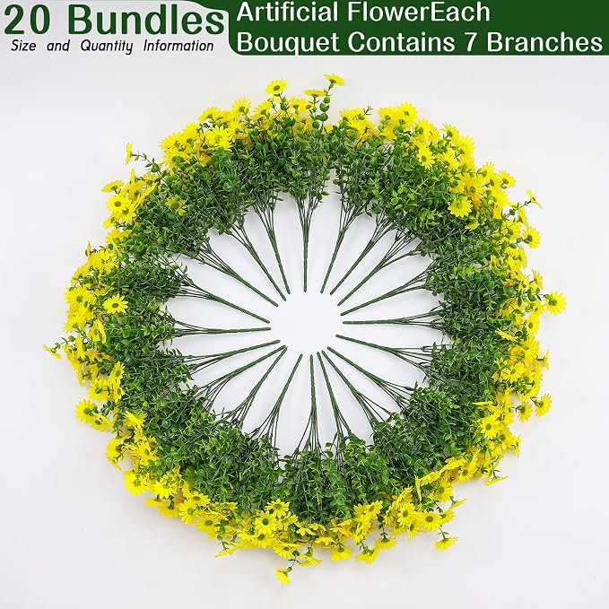 Alupssuc 20 Bundles Artificial Daisies Flowers Fake Silk Plant for Indoor Outdoor Decor, UV Resistant No Fade Faux Spring Flowers for Garden, Porch & Patio Decoration,Yellow