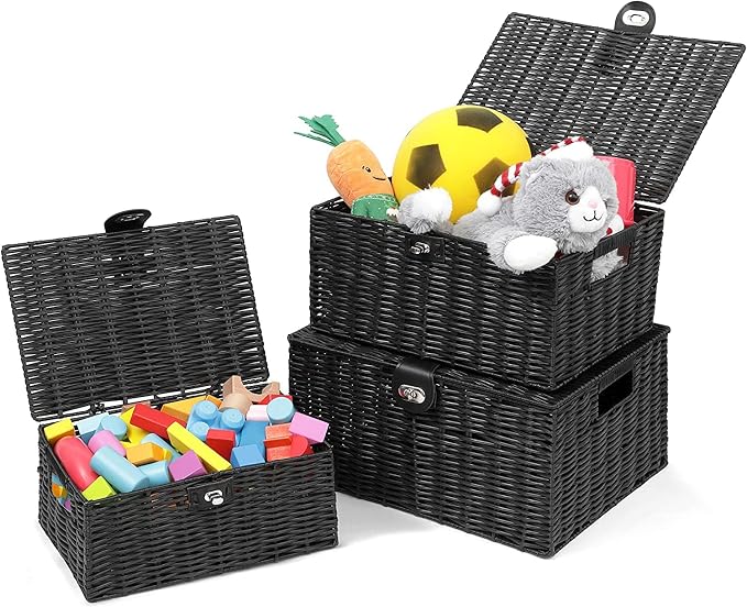 Honygebia Black Wicker Storage Baskets - Set of 3 Decorative Nesting Boxes with Lids, Woven Basket with Lock & Handle, Organizer for Beauty Makeup Bathroom Decor