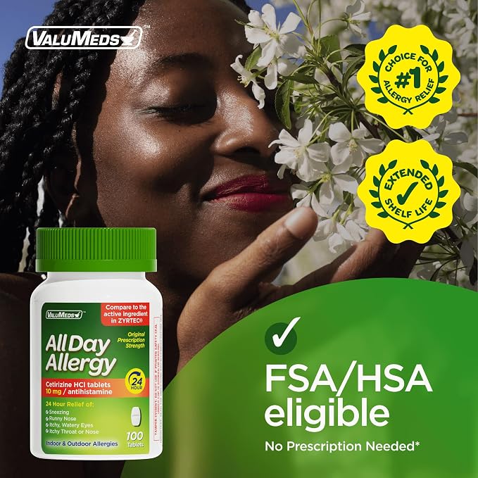 ValuMeds 24-Hour Allergy Medicine Antihistamine for Pollen, Hay Fever, Dry, Itchy Eyes, Allergies | Cetirizine HCl 10mg Caplets, Compare to Leading Brand (100 Count)