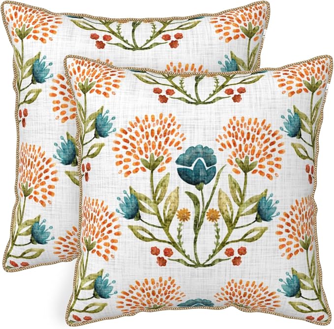 KSLIDS Floral Leaf Soft Velvet Throw Pillow Covers Set of 2 Orange Flowers Sage Green Leaves Decorative Pillow Covers 20x20 Inch Farmhouse Pillow Case for Sofa Couch Living Room Home Decor