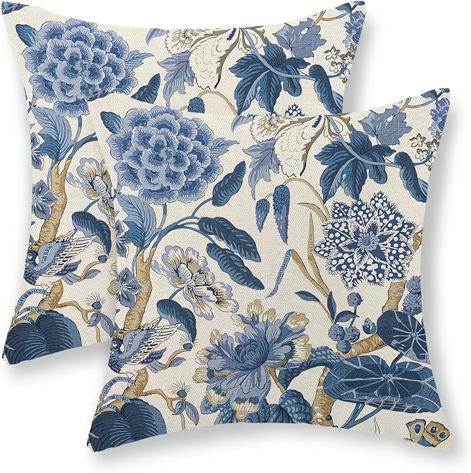 Blue Pillow Covers 20x20 Inch Set of 2 Vintage Blue Floral Throw Pillows Chinoiserie Flower Decorative Pillow Cases Outdoor Linen Farmhouse Cushion Cover for Couch Home Sofa Bed Decorations