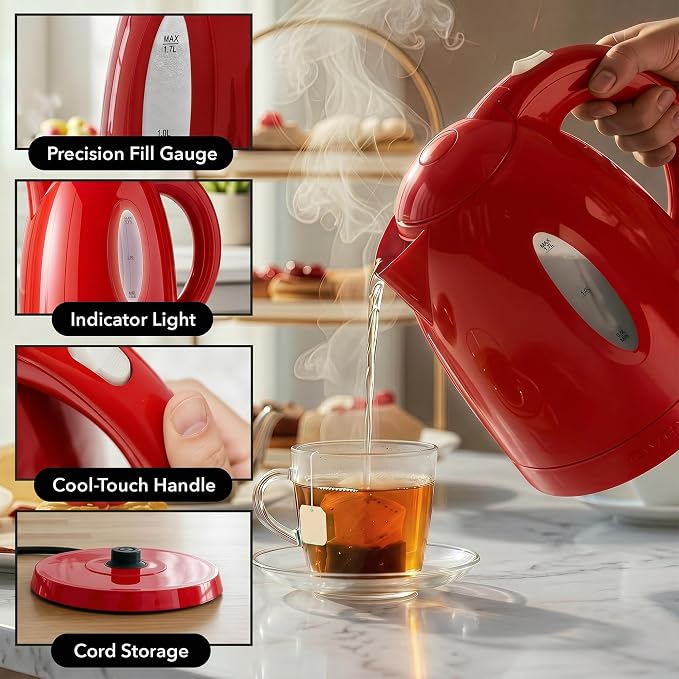OVENTE Electric Kettle, 1.7L Fast Boiling Water Heater for Coffee or Tea, BPA Free with Water Level Gauge, Auto Shut-Off, Boil-Dry Protection, Indicator Light and Removable Filter, Red KP72R