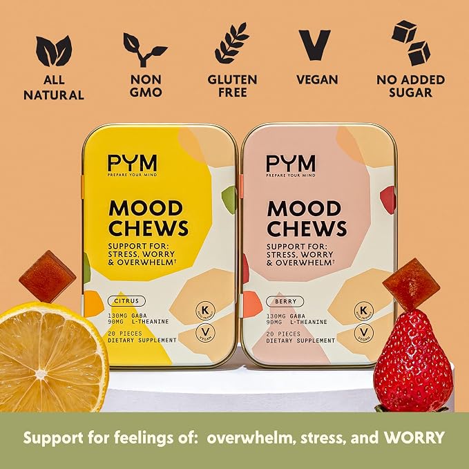 PYM Berry Mood Chews Support for Stress, Worry & Overwhelm, 60 Count | 130mg GABA, 90mg L-Theanine | Vegan, Non-GMO, Gluten-Free, No Added Sugar | All-Natural Mood Support Supplement Made in USA