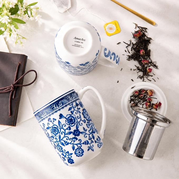 AmorArc Porcelain Tea Mug with Infuser and Lids, 18 Oz Coffee Cup Strainer with Bag Holder for Loose Leaf Tea, Steeping Coffee Mug for House-warming Wedding Birthday Gift