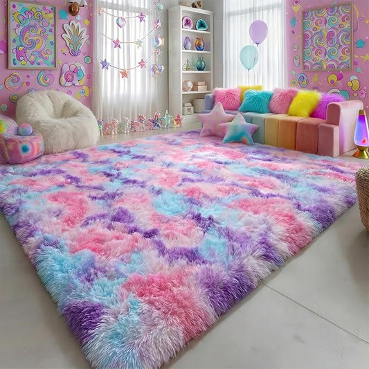 Amdrebio Pink Blue Purple Big Shaggy Rug 6x9 for Living Room Girls Bedroom | Fluffy Shag Plush Pastel Kids Carpet, Classroom Nursery Playroom Decor, Cutecore Aesthetic, Baby Toddler Corner, Colorful