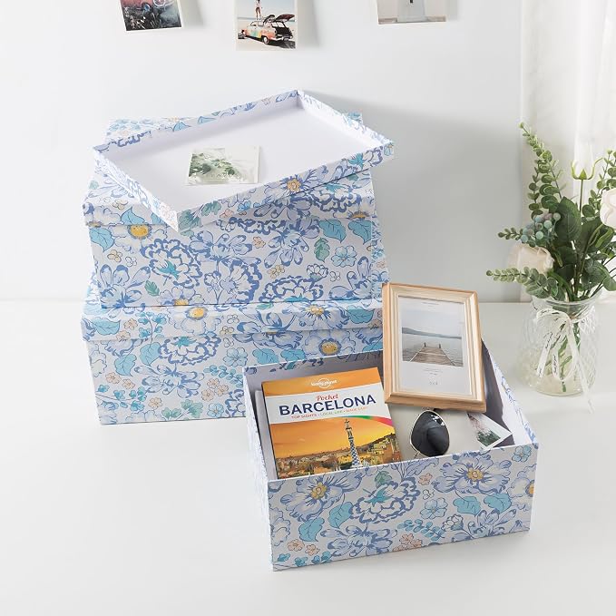 Soul & Lane - Sky Meadow Decorative Storage Boxes with Lids, Set of 3 | Floral Paperboard Nesting Containers for Keepsakes, Memories and Photos, Large Gift Set Boxes for Presents and Decor