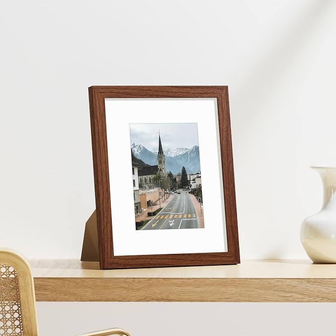 Vittanly 8x10 Picture Frames Set of 9, Wall & Tabletop, Wood Grain Brown | Display Pictures 5x7 with Mat or 8x10 without Mat, Small Photo Frames, Engineered Wood with Shatter Resistant Plexiglass