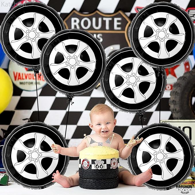 KatchOn, Big Tire Balloons for Birthday Boy Decorations - 18 Inch, Pack of 6 | Wheels Balloons for Two Fast Birthday Decorations | Race Car Birthday Party Decorations | Auto Mechanic Party Decorations