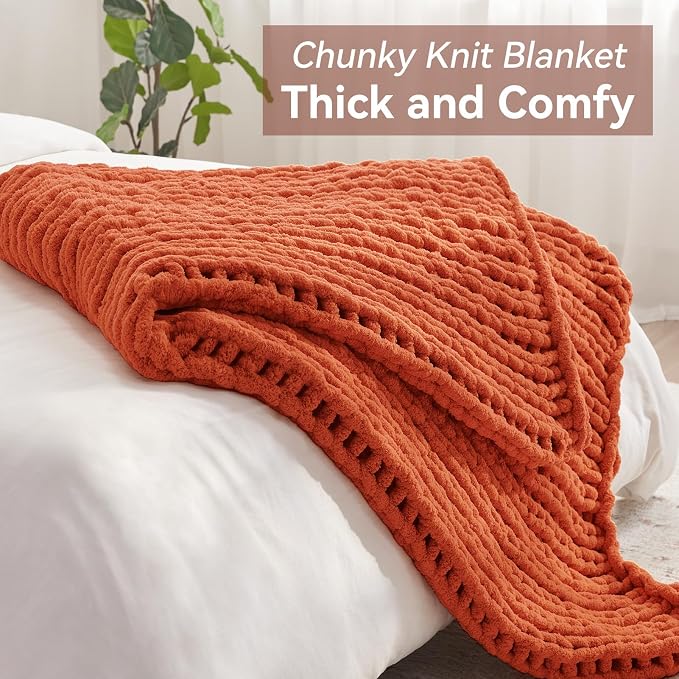 Negwoo Chunky Knit Throw Blanket, Knitted Throw Chenille Yarn, 60"*80" | Soft Thick Cable Knitted Blankets, Handmade Big Thick Blanket, Machine Washable Cute Comfy Blanket for Home Decor, Orange