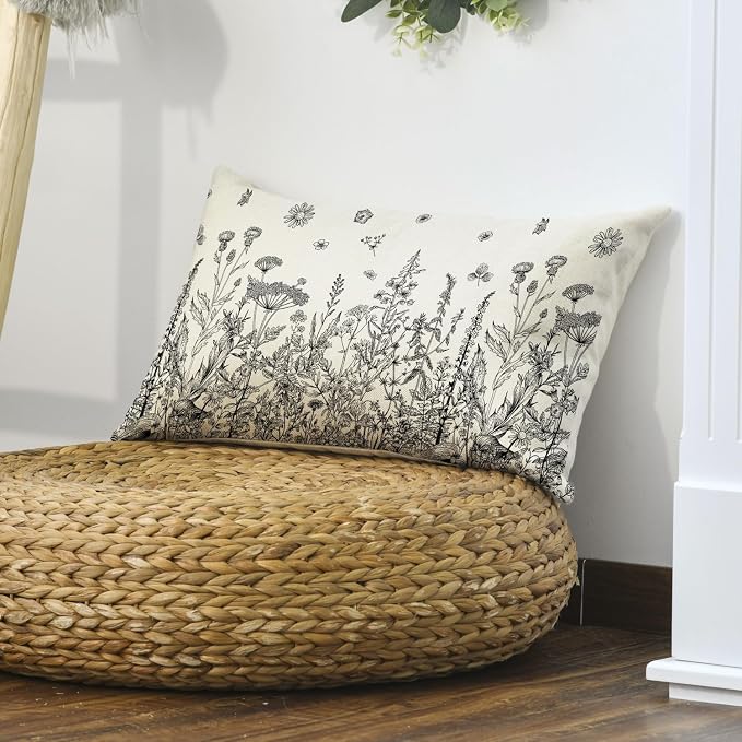 AVOIN colorlife Wildflowers Spring Grey Throw Pillow Cover 12x20 Inch | Antique Herbs Flower Cushion Case Decoration for Sofa Couch
