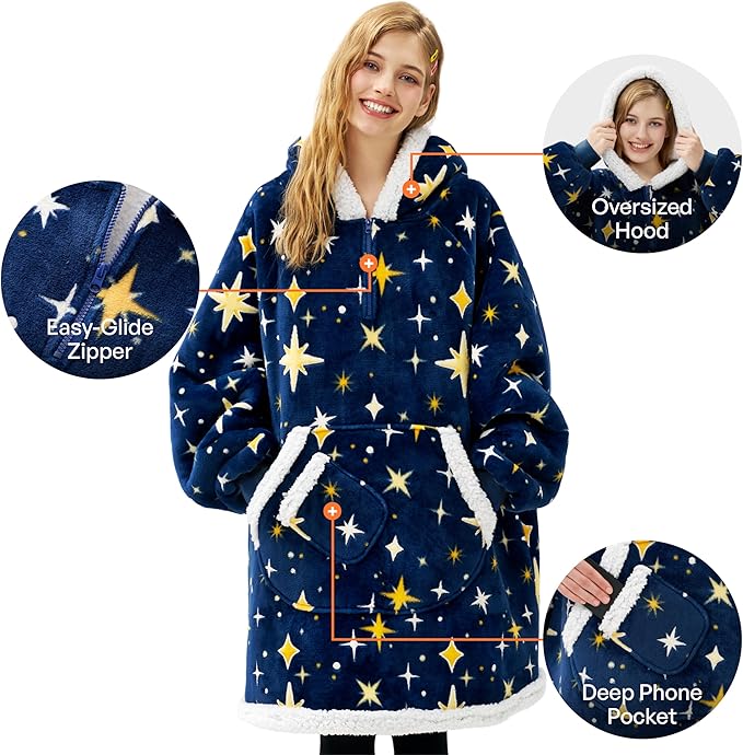 Giggling Getup Wearable Blanket Hoodie for Adults Gifts for Teen Girls Sister Women Sherpa Fleece Printed Hooded Blanket Sweatshirt Warm Cozy with Pocket & Sleeves Dark Blue Glowing Stars