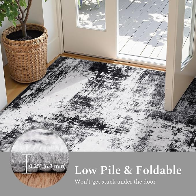 Rugflix 2x6 Runner Rug for Entryway, Washable Black Grey Runners | Machine Washable; Stain-Resistant; Low Pile; Non-Slip; Modern Abstract; Carpet for Entryway Kitchen Hallway Home
